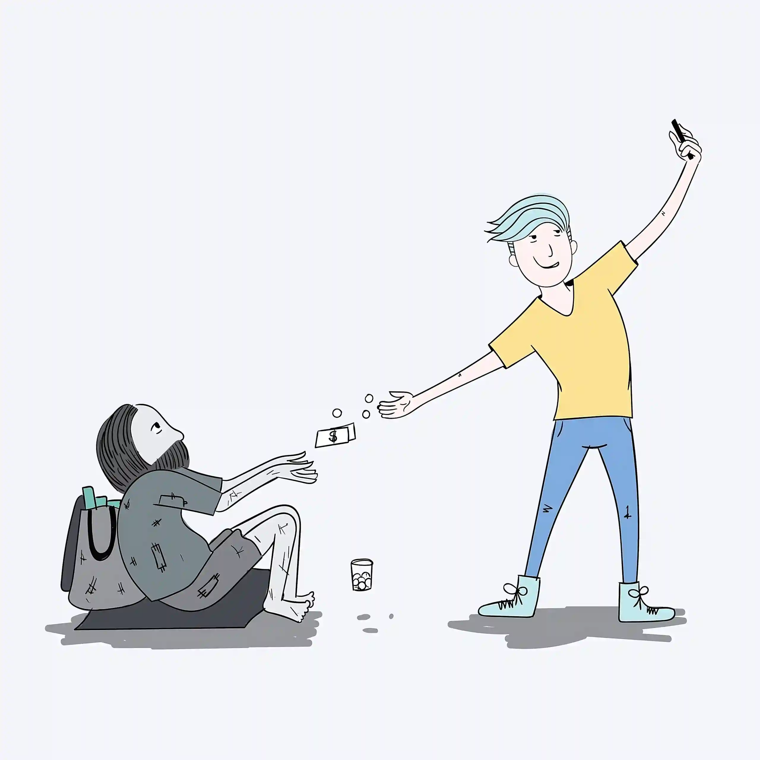 Dibujo de un chico dando limosna a un sintecho, mientras se hace una selfie con esa acción. Es la imagen destacada del post Bondad y Buenismo