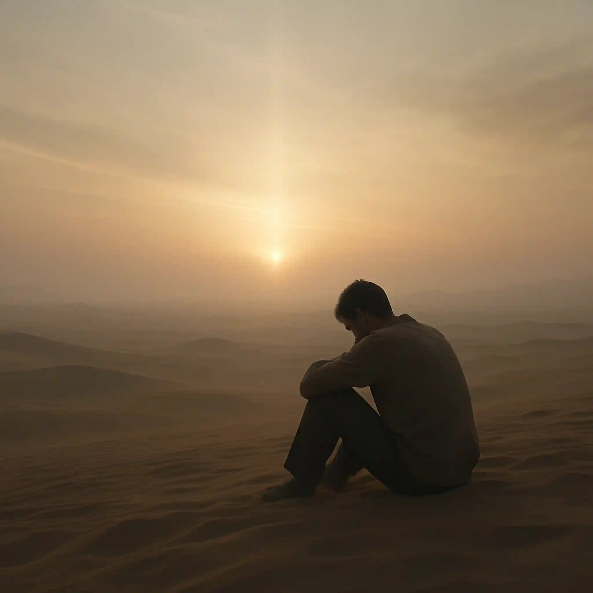 Imagen de un chico pesaroso sentado en el desierto, como destacada para el post La culpa espiritual