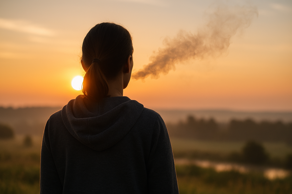Persona de espaldas en un entorno natural, al amanecer o atardecer. Humo disipándose suavemente en el aire, como símbolo de la adicción que desaparece. Sensación de espacio, luz y aire puro, evocando claridad mental y libertad, para el post Dejar de Fumar con la Ley del Mentalismo