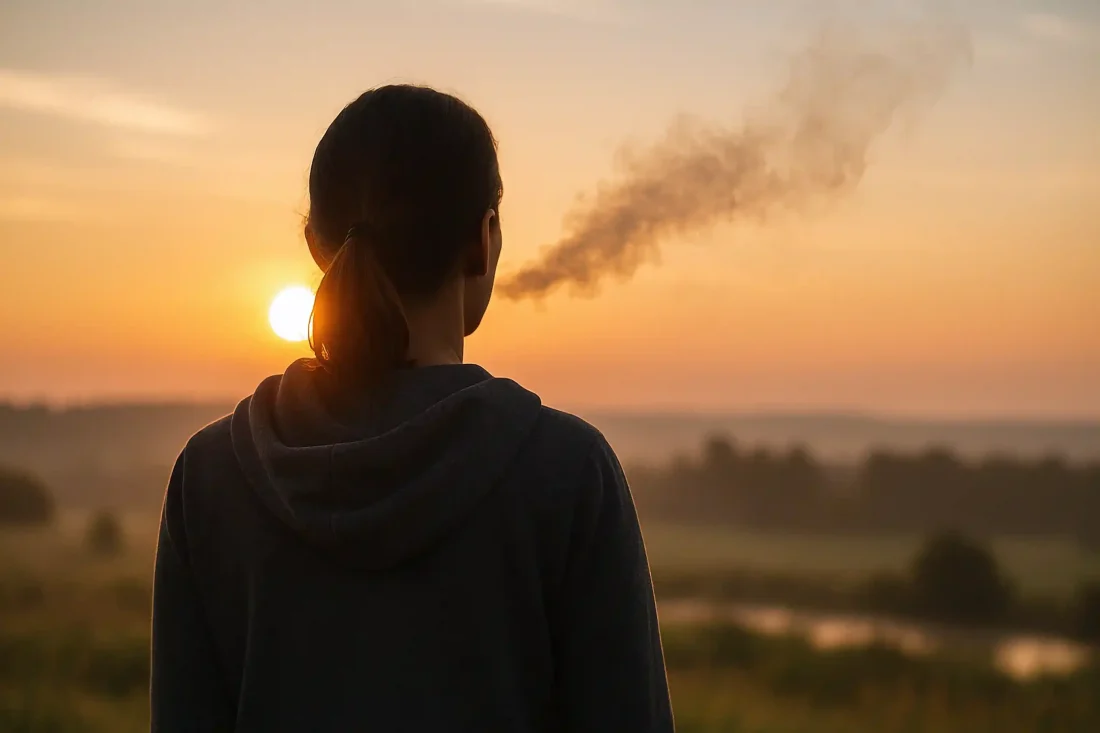 Persona de espaldas en un entorno natural, al amanecer o atardecer. Humo disipándose suavemente en el aire, como símbolo de la adicción que desaparece. Sensación de espacio, luz y aire puro, evocando claridad mental y libertad, para el post Dejar de Fumar con la Ley del Mentalismo