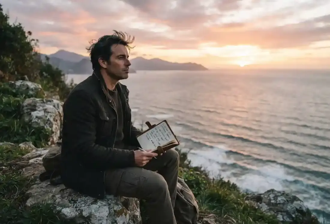 Imagen de un hombre contemplando el horizonte y las anotaciones en su cuaderno, para el post El sentido de la existencia terrenal