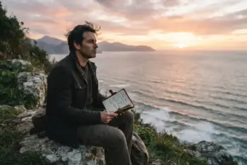 Imagen de un hombre contemplando el horizonte y las anotaciones en su cuaderno, para el post El sentido de la existencia terrenal