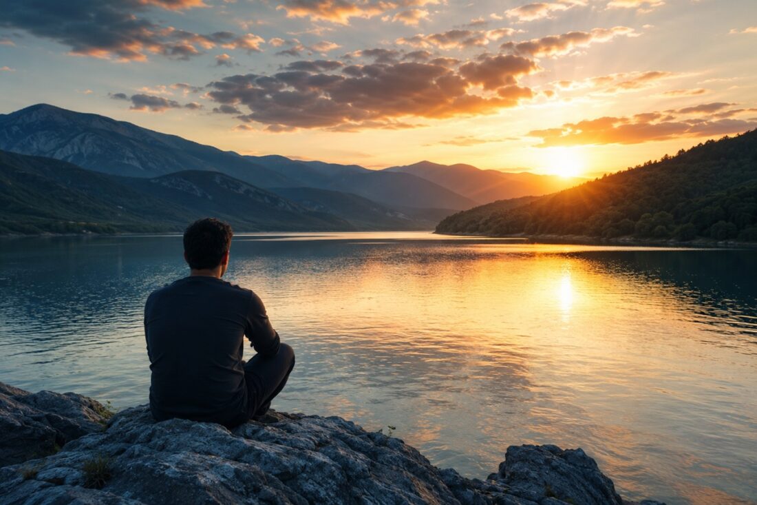 Imagen destacada de un hombre en una tarde tranquila junto a un lago para el post La paciencia y cómo cultivarla