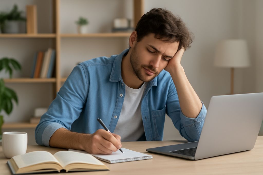 Imagen de un chico procrastinando en el estudio para el post Ley del Ritmo y procrastinación