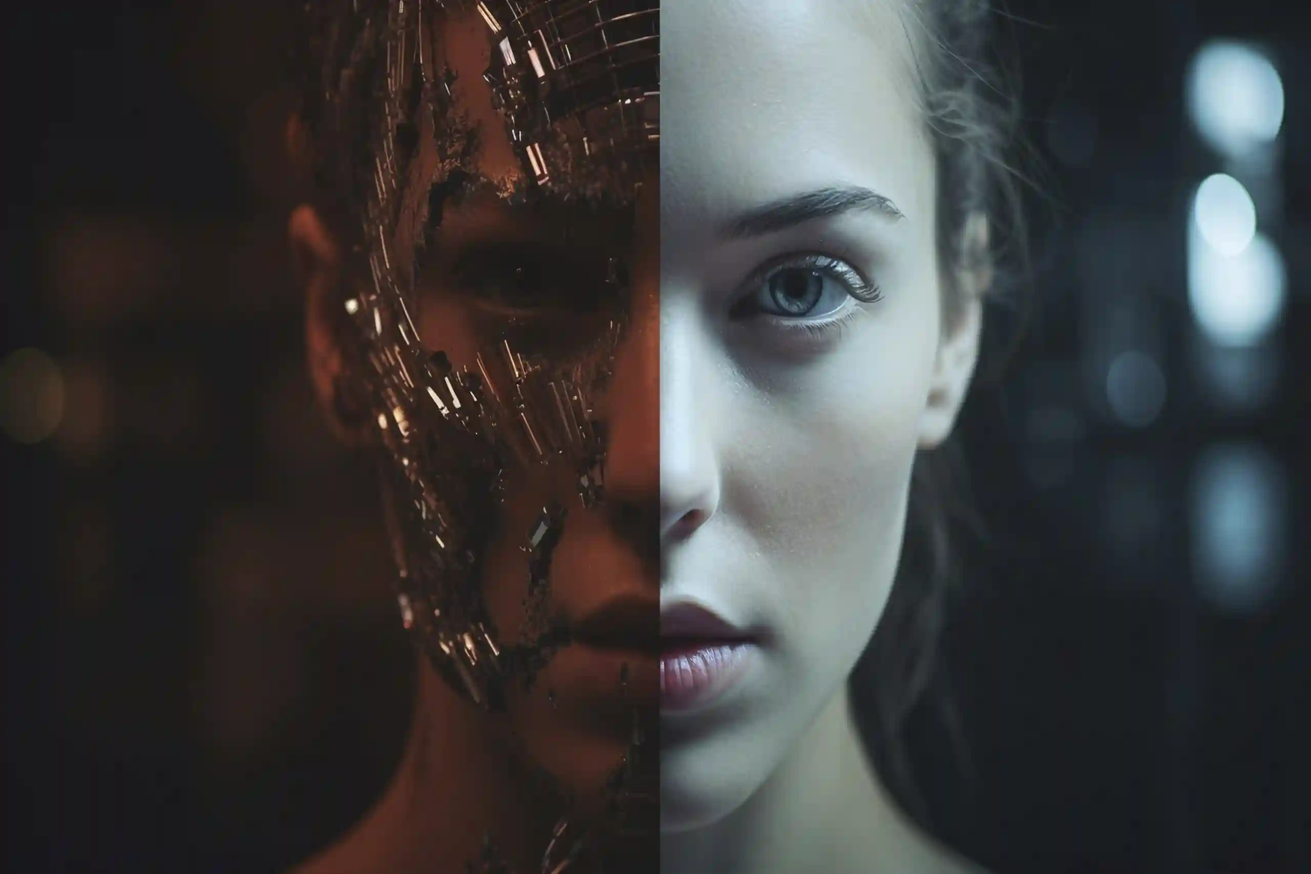 Imagen de una cara ambigua de mujer máquina humana para el post Libre albedrío vs determinismo