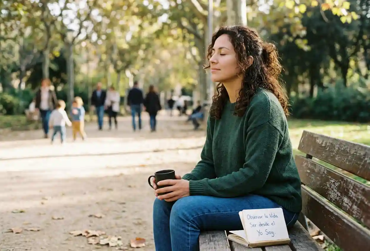 Imagen de una mujer sentada en un banco, relajada, ojos cerrados, observando la Vida, para el post Observar la Vida Ser desde el Yo Soy