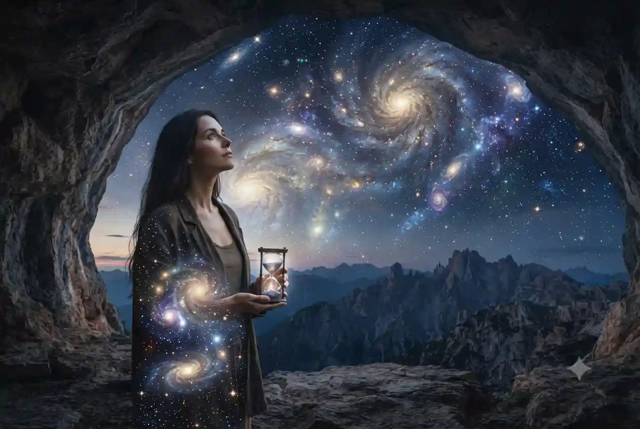 imagen de una mujer mirando al Universo en una noche serena con un reloj de arena en la mano, para el post Ser Humano Paradoja Eternidad