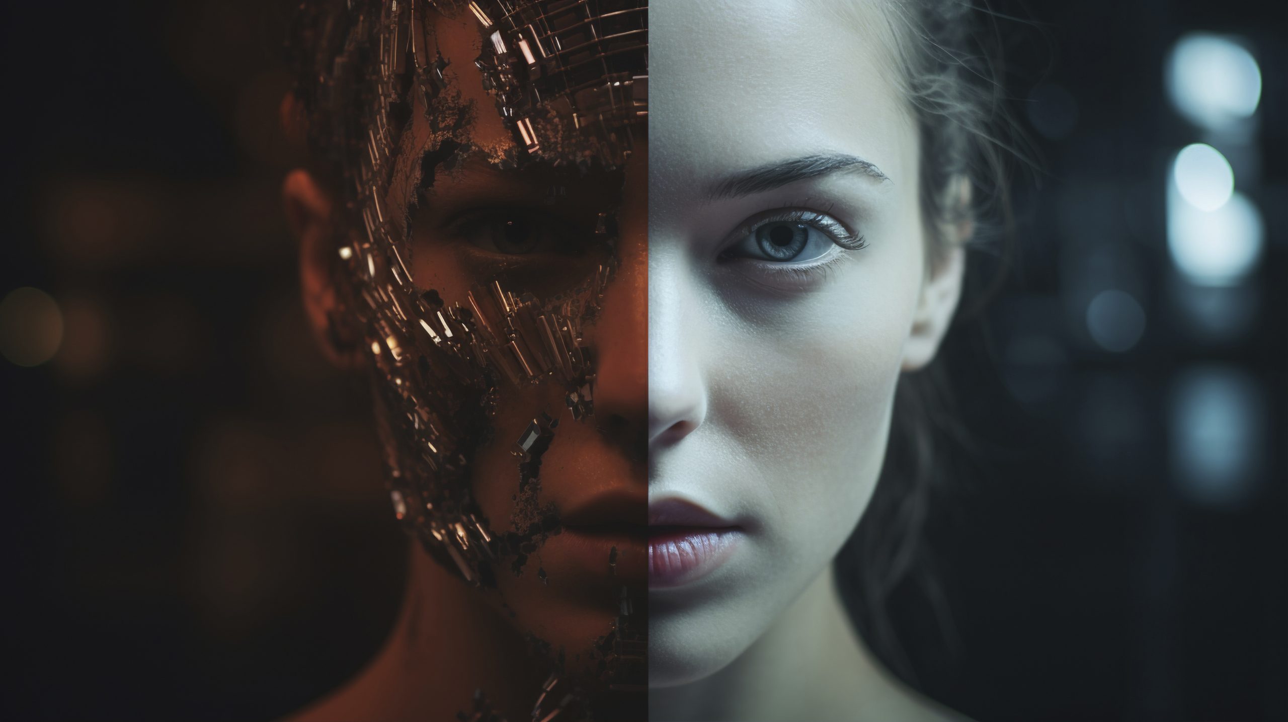 Imagen de cara de mujer mitad robot, mitad persona para el post libre albedrío vs. determinismo